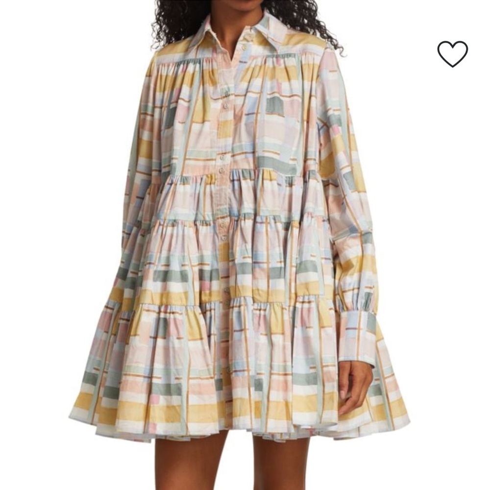 Aje Nouveau Plaid Tiered Mini Shirt Dress Size 8 Preppy Cotton Pocket Long Sleev